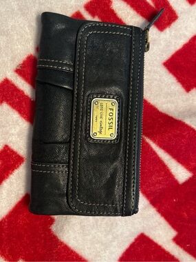 Fossil Black Leather Zip Card Wallet with Brass Logo Plate